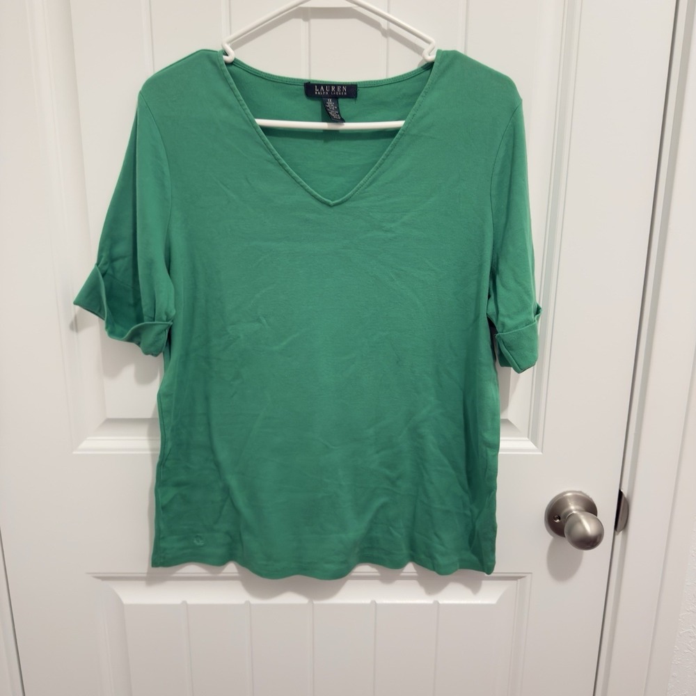 Lauren Ralph Lauren Women's Bright Green Tshirt Roll Up Short Sleeve Size 1X